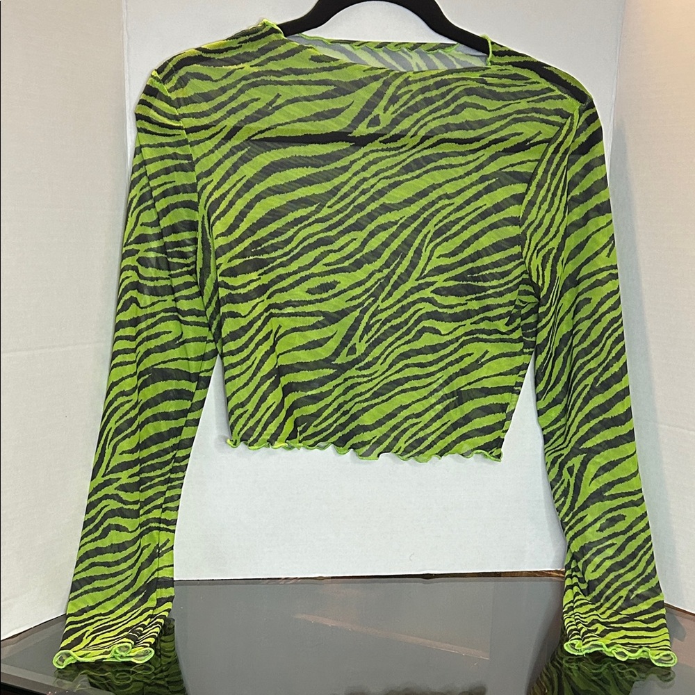 Green Zebra Print Long Sleeve Sheer Top